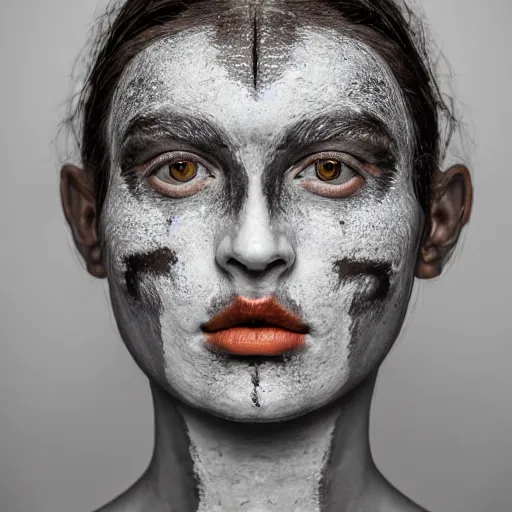 Image similar to minimalist photography portrait of an elaborately adorned germanic medicine woman, face mud, symmetrical, super close up, mid thirties, pagan, cute round slanted eyes, sunburnt skin, wide nostrils, high cheekbones, high flat eyebrows, ethereal essence, angelic, leica 1 0 0 mm f 0. 8