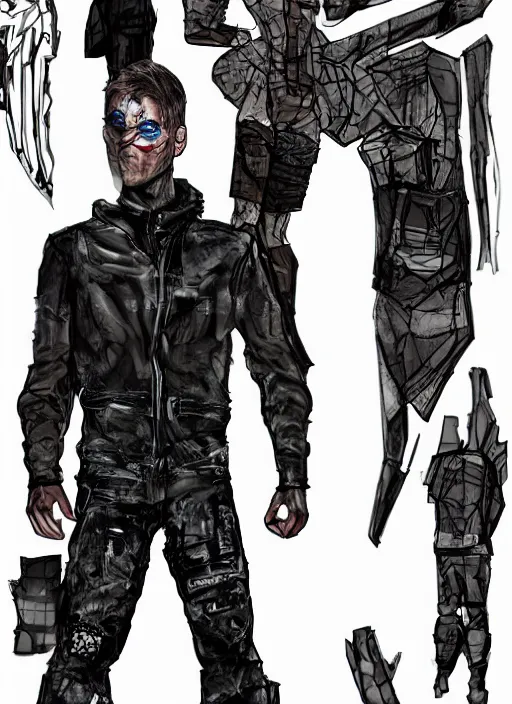 Prompt: concept art. digital art. young man wearing modern superhero costume. worn and tattered. patched together. ( ( tactical ) ). black.