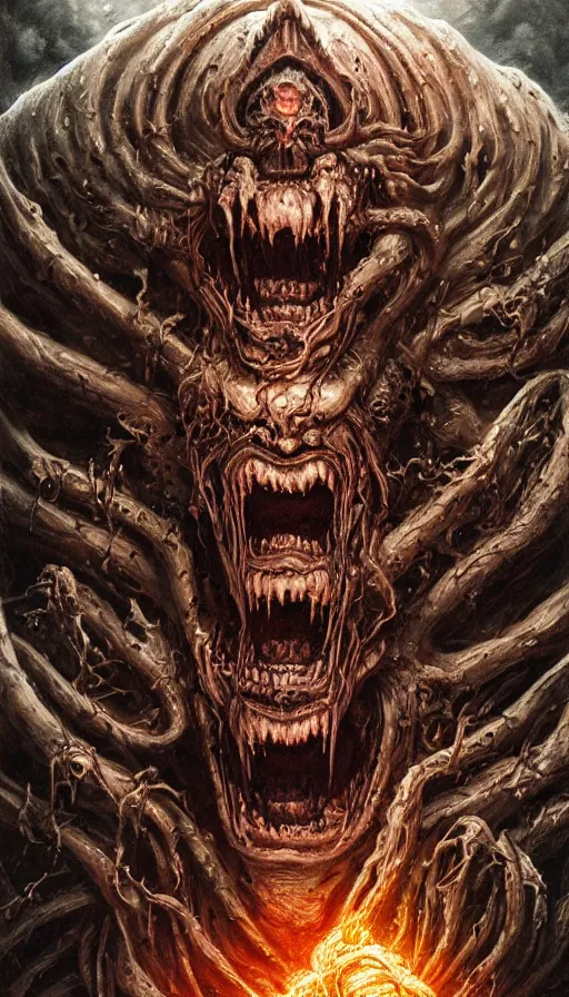 Image similar to Elden Ring and Doom themed painting of screaming majestic demon king, intricate artwork by Artgerm, Johnatan Wayshak, Zdizslaw Beksinski, Darius Zawadzki, H.R. Giger, Takato Yamamoto, masterpiece, very coherent artwork, cinematic, high detail, octane render, unreal engine, 8k, High contrast, golden ratio, trending on cgsociety, ultra high quality model, production quality cinema model