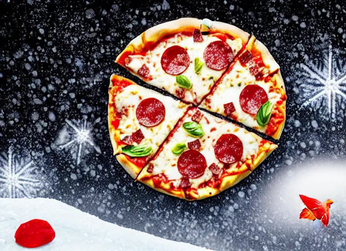 Image similar to clear highly detailed photorealistic food photograph of a pizza half stuck frozen in an ice cube with salami pepperoni lying in the snow, skiers in the background