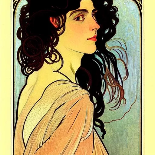 Image similar to painting of handsome beautiful dark medium wavy hair woman in his 2 0 s, dressed as an oracle, foreseeing the future, elegant, clear, painting, stylized, delicate, soft facial features, art, art by alphonse mucha, vincent van gogh, egon schiele