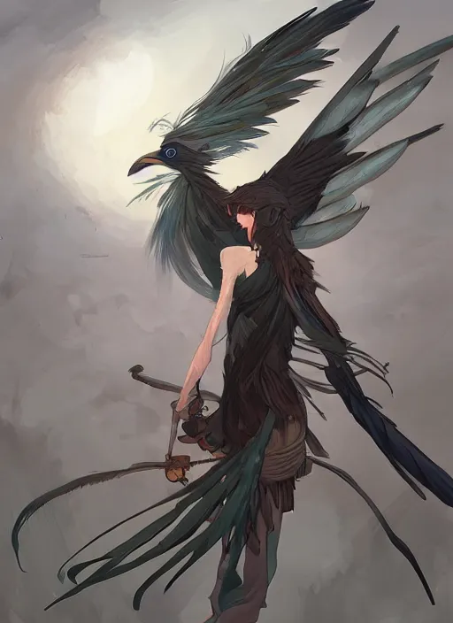 Image similar to concept art painting of a harpy bird person with black feathers, pirate clothes, detailed, realistic, cel shaded, in the style of makoto shinkai and james gurney and alphonse mucha and greg rutkowski and artgerm