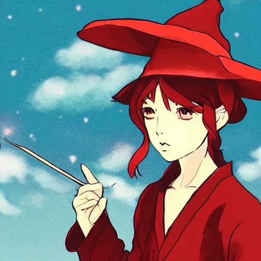 Prompt: style illustration of red !!! witch red!!!!! witch red!!!!!witch!!!! made by Studio Ghibli shinkai style