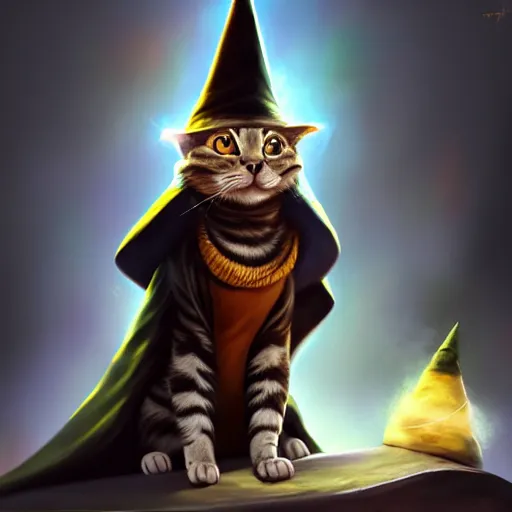 Prompt: matte oil painting of a bipdel cat wearing long wizard robes, anthropomorphic cat wearing a wizard hat, dnd, character reveal, magic, posing, full body portrait, high resolution, detailed, inspiring, award - winning