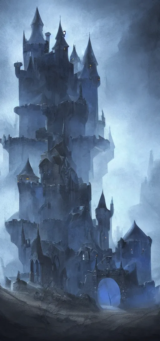 Image similar to A digital concept art painting of a dark blue medieval fantasy european ghotic castle with black brick in desert, 4K UHD image, unreal engine, Graphic Novel, Visual Novel