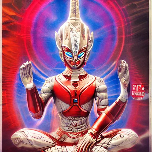 Image similar to new ultraman design called bodhisatva, photorealistic with poster