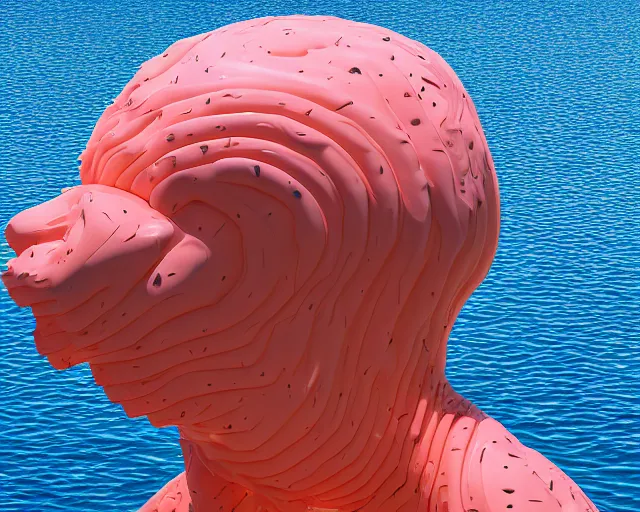 Image similar to a giant abstract sculpture made out of inflatable pool toys in a human head shape, on the surface of the ocean, in the style of chad knight, funny sculpture, long shot, hyper detailed, hyper realistic, ray tracing, 8 k resolution, sharp focus, realistic water, award winning sculpture