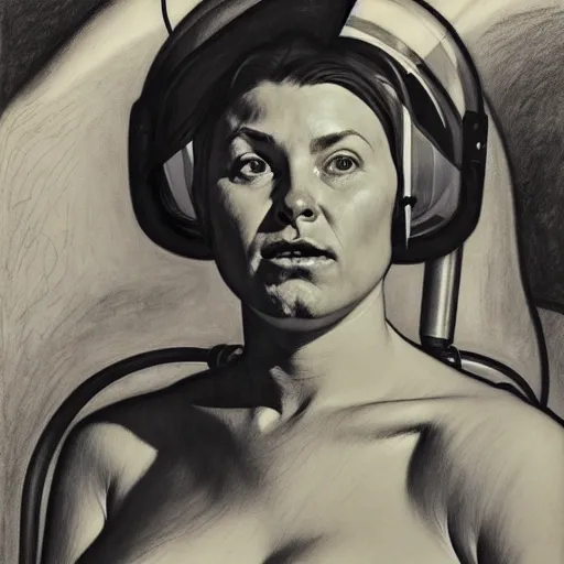 Image similar to charcoal drawing portrait of an astronaut woman in suit by edward hopper and jenny saville and raphael, darek zabrocki, alphonse mucha, simon stalenhag