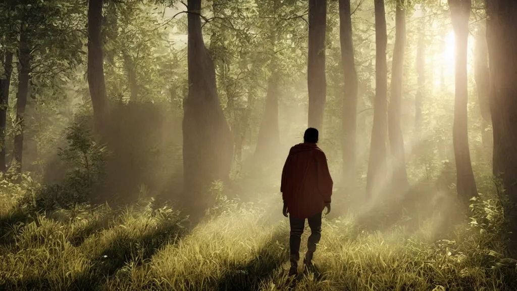 Image similar to beautiful closeup render of an indigenous man walking in the woods, unreal engine, soft light, forest, morning glow, god rays