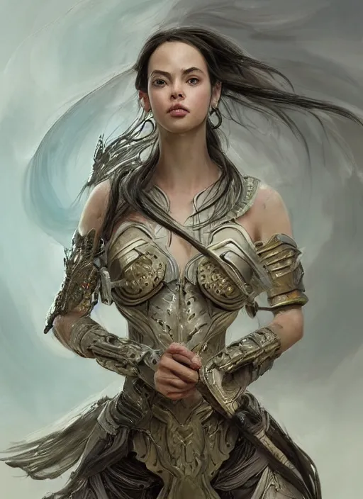 Image similar to a professional portrait of a beautiful young female, clothed in ethereal battle armor, olive skin, long dark hair, beautiful bone structure, symmetrical facial features, intricate, elegant, digital painting, concept art, smooth, sharp focus, finely detailed, illustration, from Valerian and the City of a Thousand Planets, in the style of Ruan Jia and Mandy Jurgens and Artgerm and Greg Rutkowski and William-Adolphe Bouguerea