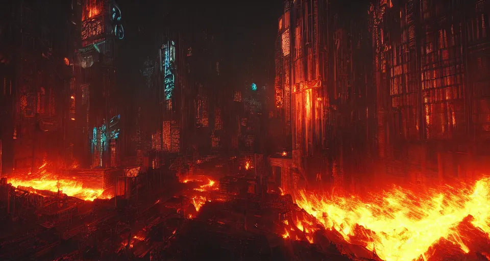 Prompt: a cyberpunk medieval gothic dark-ages city, rich contrast, fivr lava-twisters, feeling of grimdark and gothic horror, explosions and fire, hyperrealistic, octane render, unreal engine, Cryengine 8k UHD