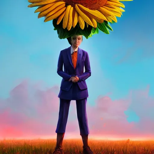 Image similar to giant daisy flower head, frontal, a girl in a suit, surreal photography, sunrise, dramatic light, impressionist painting, digital painting, artstation, simon stalenhag