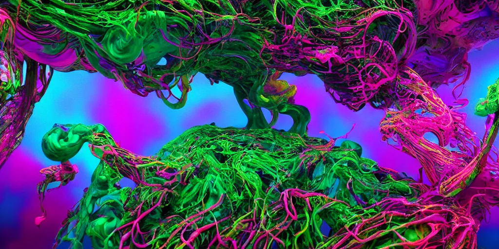 Image similar to impossibly beautiful exobiological organism screaming, intricate complexity, surreal horror, inverted neon rainbow drip paint, trending on art station, photoreal, 8 k, octane render