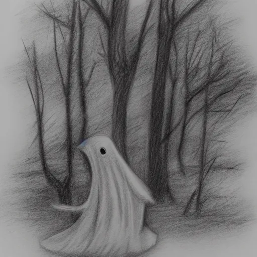 Prompt: a ghost in gloomy woods pencil sketch