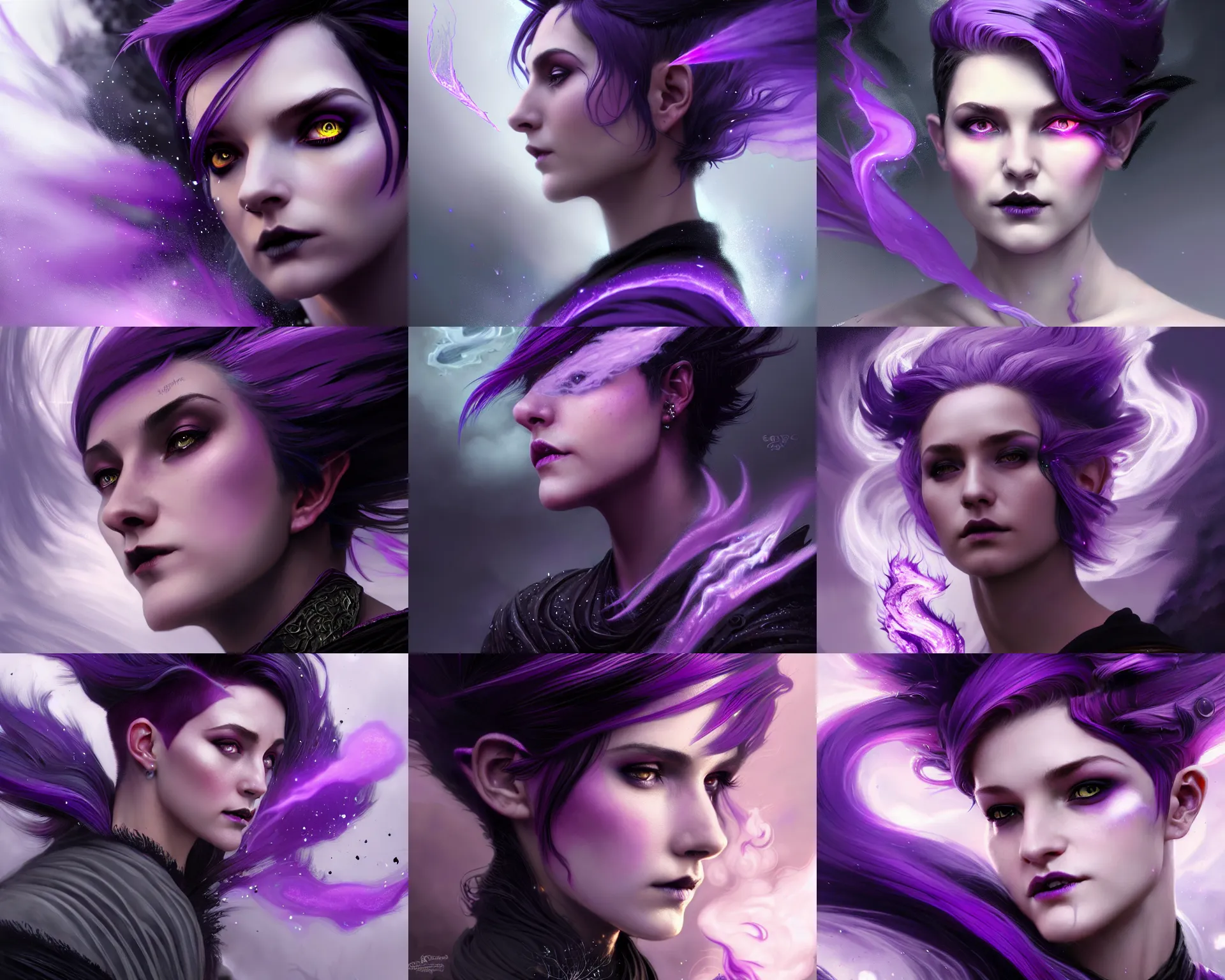 Prompt: Extreme close-up of dragonic female witch sorcerer, D&D fantasy, pixie undercut hairstyle with black to purple fade, magic particles in the air, wispy smoke, intricate, highly detailed, digital painting, artstation, concept art, sharp focus, illustration, art by greg rutkowski and alphonse mucha
