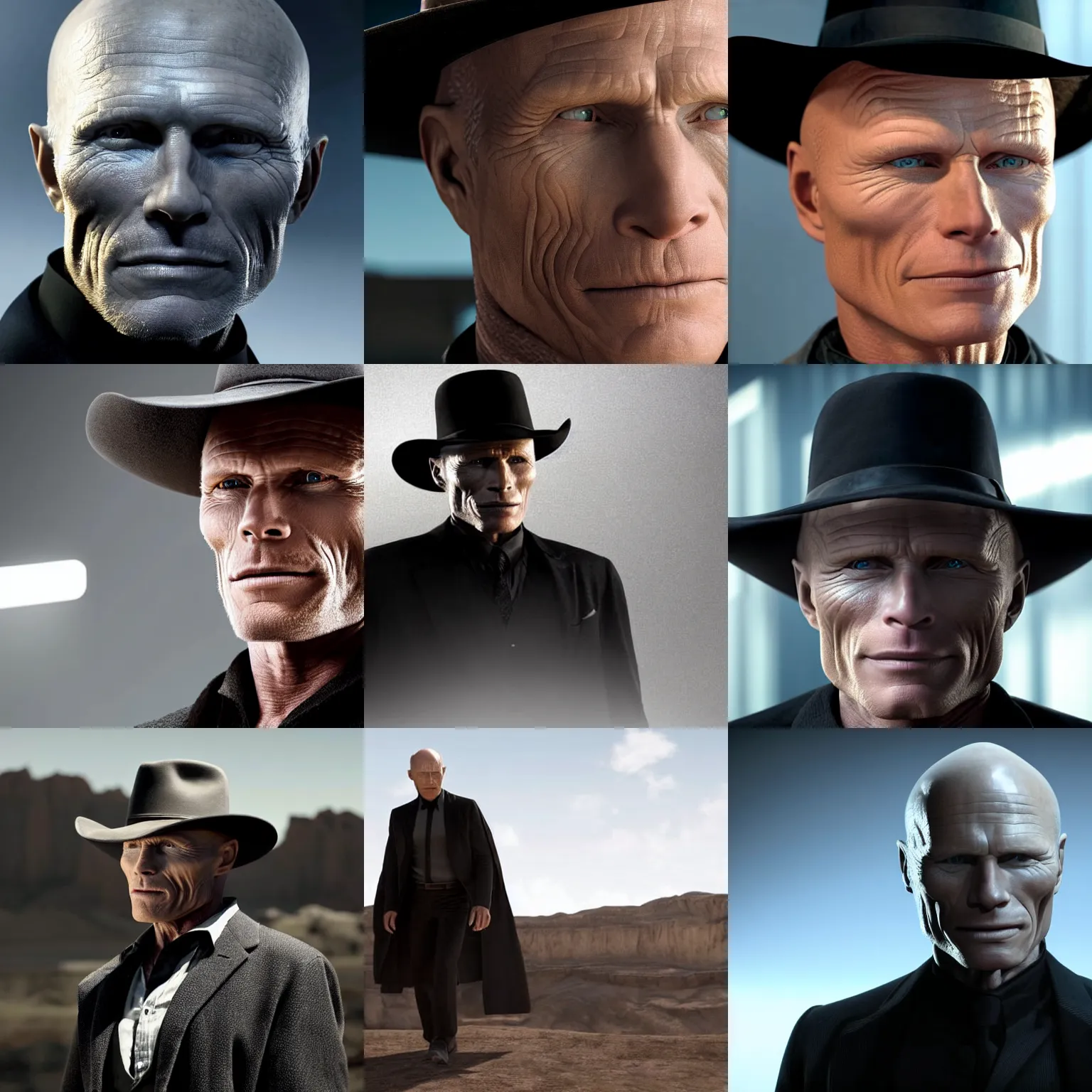 Prompt: still photo of ed harris as man in black, half - human half - robot, in westworld, highly detailed, photorealistic portrait, bright studio setting, studio lighting, crisp quality and light reflections, unreal engine 5 quality render