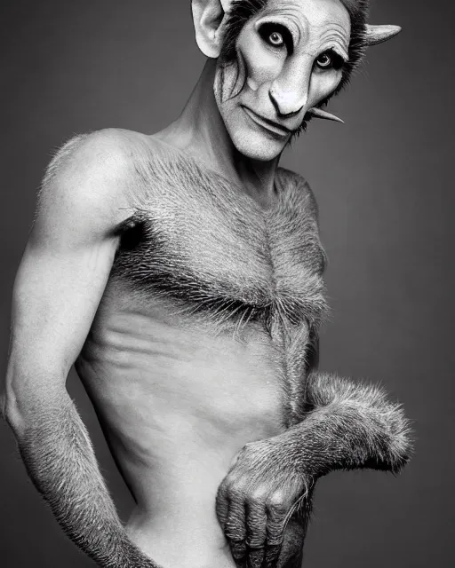 Prompt: actor Scott Bakula in Elaborate Pan Satyr Goat Man Makeup and prosthetics designed by Rick Baker, Hyperreal, Head Shots Photographed in the Style of Annie Leibovitz, Studio Lighting