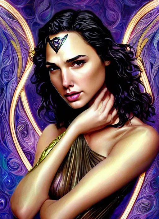 Prompt: sexy gal gadot portrait art nouveau fantasy intricate flower designs elegant highly detailed sharp focus art by artgerm pours the water into the river soul care nature peace galaxies female black line fractal glow