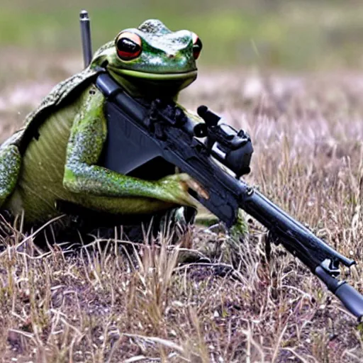 Image similar to a rare frog equipped with m 2 4 9 machine gun and night vision target acquisition system, photo from jane defence weekly