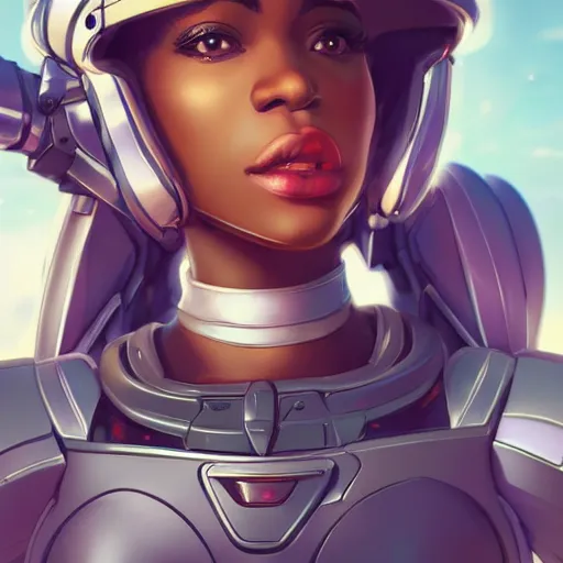 Image similar to portrait cartoon manga anime render of a strikingly gorgeous nigerian 👩🏿, wearing an intricate gundam pilot helmet, rossdraws, artgerm, norman rockwell, emiliano ponzi, epic composition, hd, octane, unreal engine, volumetric lighting, light rays, masterpiece, award - winning