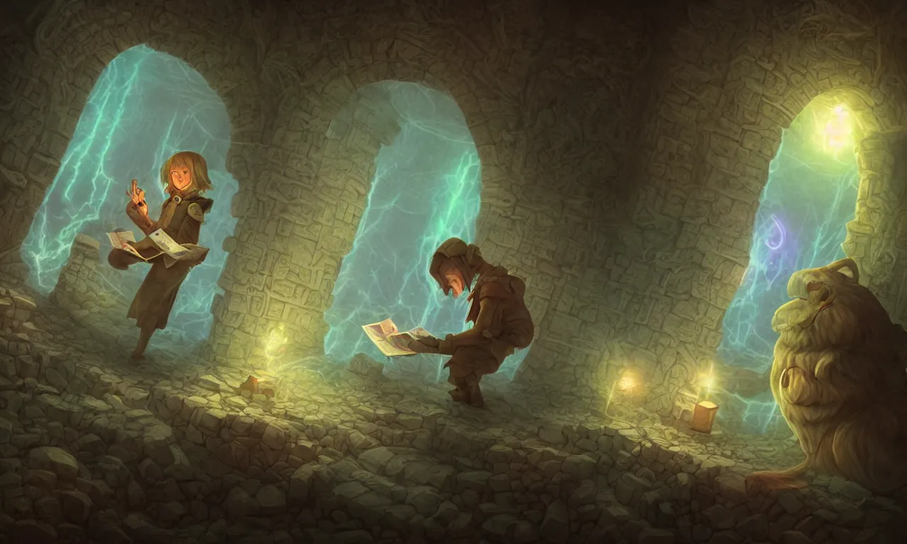 Image similar to kerberos realm, faked ticket close up, wizard reading a directory, nordic pastel colors, abandoned ruins, 3 d art, digital illustration, perfect lighting