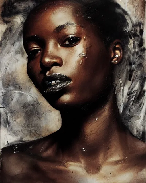 Prompt: black ink smoke portrait of beautiful young african woman, by Jenny Saville and WLOP, painterly brush strokes, oil on canvas