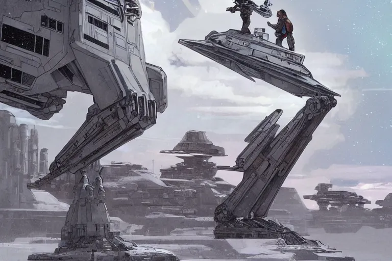 Prompt: comic book illustration, star wars AT-AT on hoth, cyberpunk concept art by artgerm and Alphonse Mucha and Moebius, highly detailed, intricate, sci-fi, sharp focus, Trending on Artstation HQ, deviantart