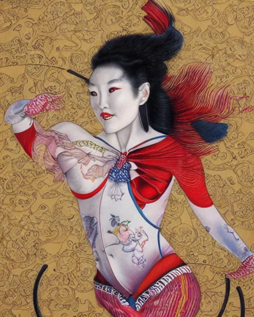 Image similar to Ai Tominaga as a circus acrobat, painting by Chie Yoshii