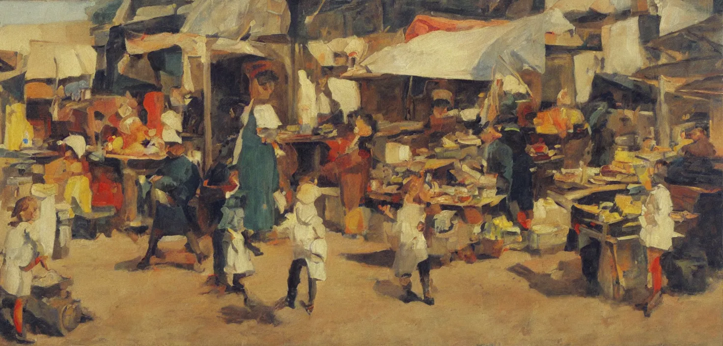 Prompt: oil painting of a young child running a market stall, small elongated planes, representation with abstraction, frenetic oil painting, values as flat shapes