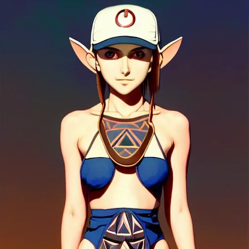 Image similar to beautiful boyish natalie portman gravure model in majora's mask, wearing wooden mask and baseball cap and leotard, street wear with subtle mayan patterns, aztec bathing suit, gapmoe yandere grimdark, trending on pixiv fanbox, painted by greg rutkowski makoto shinkai takashi takeuchi studio ghibli, akihiko yoshida