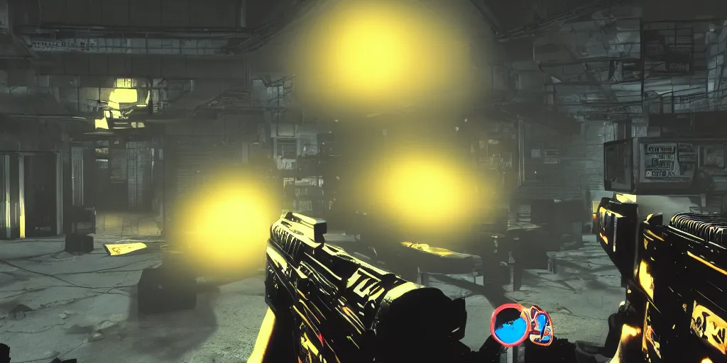 Image similar to screenshot of duke nukem 3 d, dos, videogame, neon glow, lens flare, 8 k