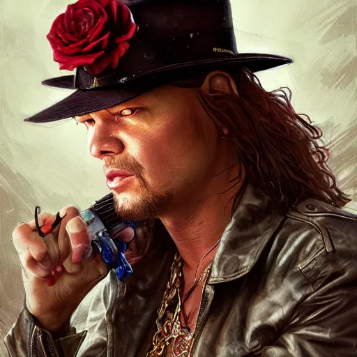 Image similar to axel rose portrait guns and roses, intricate, highly detailed, digital painting, artstation, concept art, smooth, sharp focus, illustration, unreal engine 5, 8 k, art by artgerm and greg rutkowski and alphonse mucha