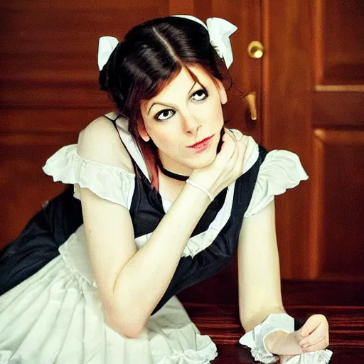 Image similar to ladies versus butlers! french maid laying on dining room table, innocent face, cute pose