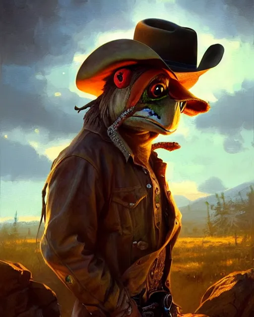 Image similar to epic portrait cinematic shot an frog wearing cowboy outfit and a cowboy hat, fine details. night setting. realistic shaded lighting poster by craig mullism, artgerm, jeremy lipkin and michael garmash, unreal engine, radiant light, detailed and intricate environment, digital art, trending on art station,