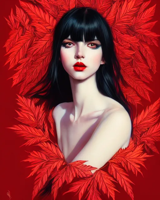 Prompt: highly detailed beautiful pale skin hippie, black hair, flying leaves on backround, symmetrical, red lips, paint by ilya kuvshinov and anna dittman trending on artstation, intricate details, energetic composition, golden ratio, concept art, illustration, elegant art