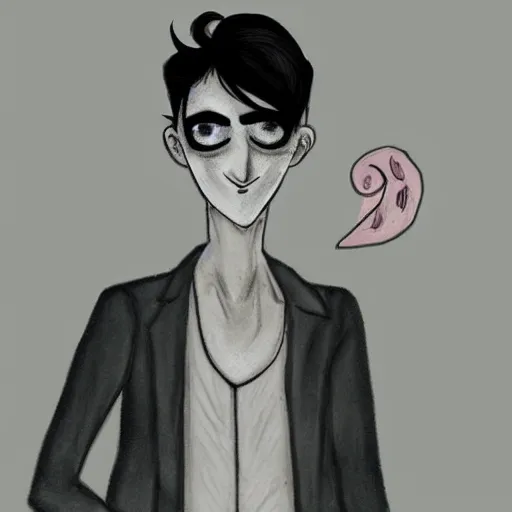 Image similar to young man portrait, black hair, skinny, sleep deprived, corpse bride art style