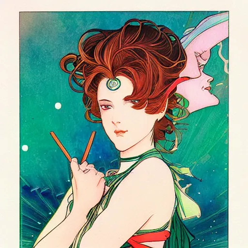 Prompt: the sailor jupiter. beautiful, realistic painting by mucha and kuvshinov and bilibin. synthwave watercolor, thick linings, manga