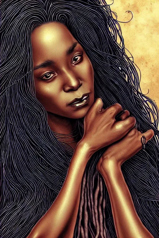 Prompt: ancient black woman crone with long scraggly hair wearing rags, character portrait wearing black silk looking over one shoulder, concept art, intricate details, highly detailed photorealistic portrait in the style of adam hughes, seseon yoon, artgerm and warren louw