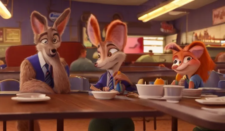 Prompt: Nick is eating dinner in tears in a desolate diner. The diner is dimly lit and very dirty. The food is poor due to the recession. Zootopia, Pixar Digital Movies