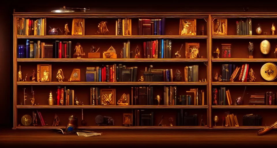 Prompt: a bookshelf of wonderful magical instruments, cinematic lighting, detailed, 4 k