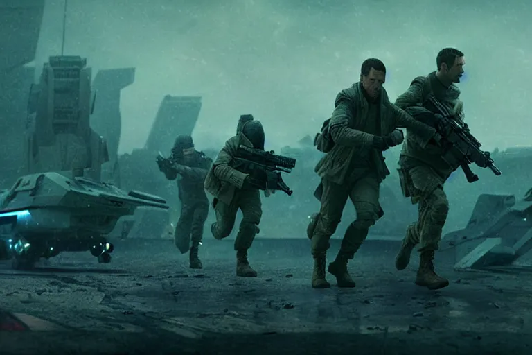 Image similar to vfx film closeup, blade runner 2 0 4 9 futuristic soldiers shoot at enemy robots futuristic war, battlefield war zone, shootout, running, shooting, explosion, battlefront, leaping, flat color profile low - key lighting award winning photography arri alexa cinematography, big crowd, hyper real photorealistic cinematic beautiful, atmospheric cool colorgrade