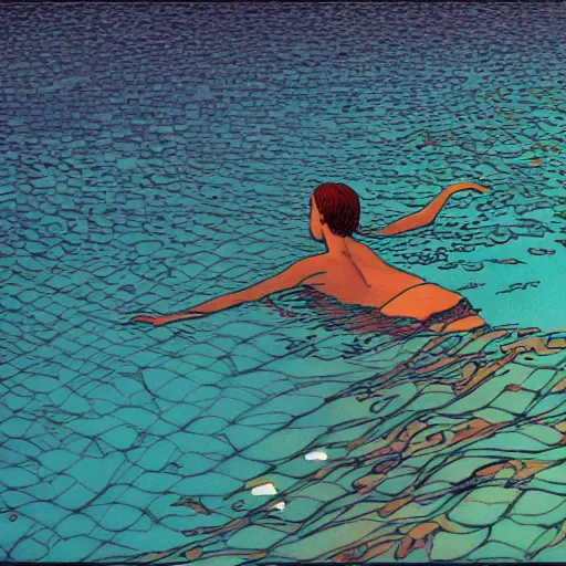 Prompt: swimming in thoughts, by moebius, award - winning art