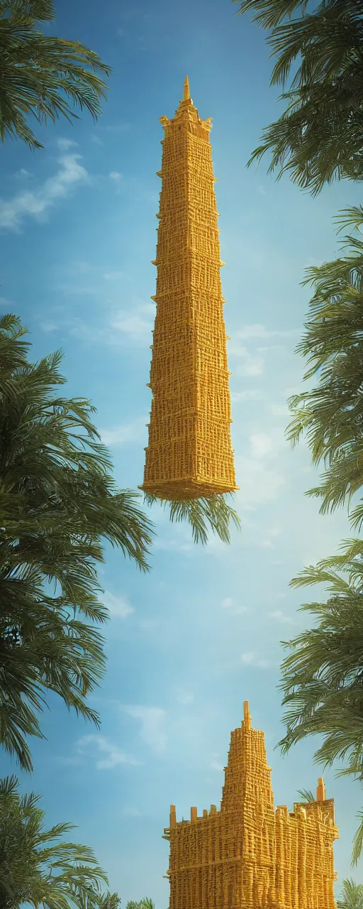 Prompt: eye level view of single tower, golden facade babylon tower, sacred ancient architecture, hanging gardens, cascading highrise, arid mountains with lush palm forest, sunlight, post - production, octane, cgi, sfx