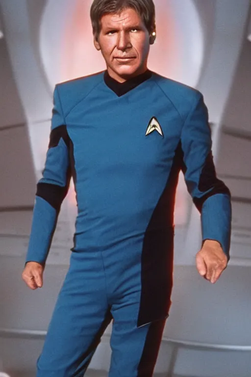 Image similar to photorealistic!! middle aged harrison ford as a star trek captain, blue starfleet uniform, film quality