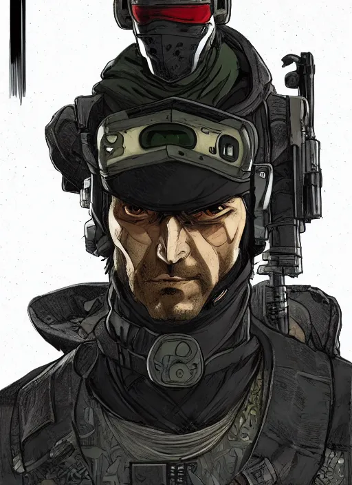 Image similar to cyberpunk ninja dude. portrait by ashley wood and alphonse mucha and laurie greasley and josan gonzalez and james gurney. splinter cell, apex legends, rb 6 s, hl 2, d & d, cyberpunk 2 0 7 7. realistic face. character clothing. vivid color. dystopian setting.