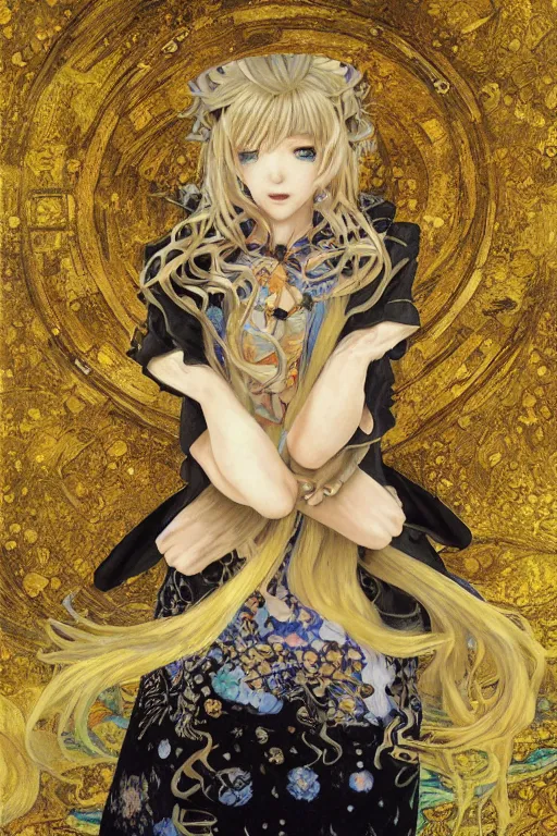 Image similar to Kirisame Marisa from touhou, official artwork, danbooru, by Karol Bak, Jean Deville, Gustav Klimt, and Vincent Van Gogh, Surreality, fractal structures, arcane, ornate gilded medieval icon