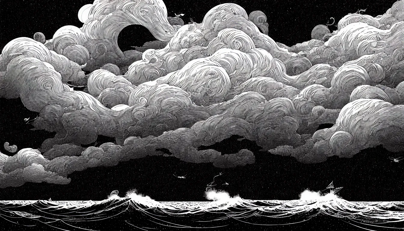 Image similar to storm at sea by nicolas delort, moebius, victo ngai, josan gonzalez, kilian eng