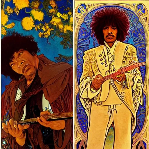 Image similar to artwork by Franklin Booth and Alphonse Mucha showing a portrait of Jimi Hendrix