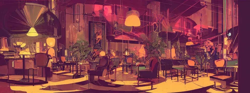 Prompt: concept art, crowded retro - futurist speakeasy, reflections, dark moody lighting, designer furniture, high ceiling, 6 0 s colour palette, beautiful plants, colourful flowers, floor lamps, multi - level, bladerunner, james jean, syd mead, akihiko yoshida, cinematic