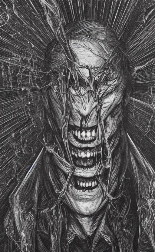 Image similar to portrait of eldritch smiling jerma, surrounded by beams of light dark background by wayne barlow, stanley donwood, anton semenov, zdzislaw bekinski, hr giger, 8 k, fantasy, dark, highly detailed